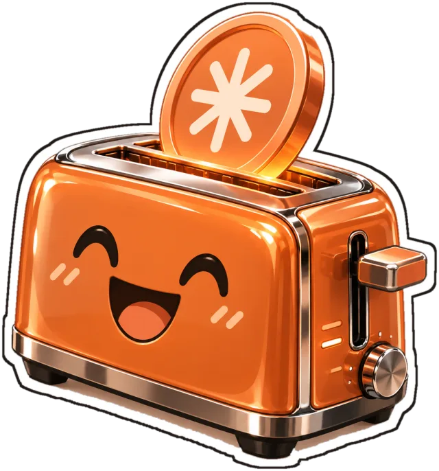 TokenToaster, der orange Toaster, hält eine Sternmünze hoch